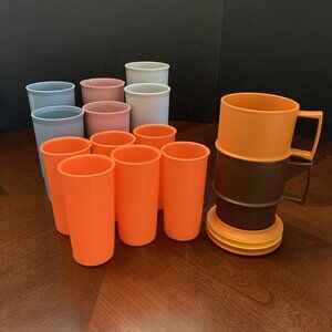 Vintage Tupperware Cups, Mugs, and Lids Lot - Mixed Colors and Sizes (17 Pieces)